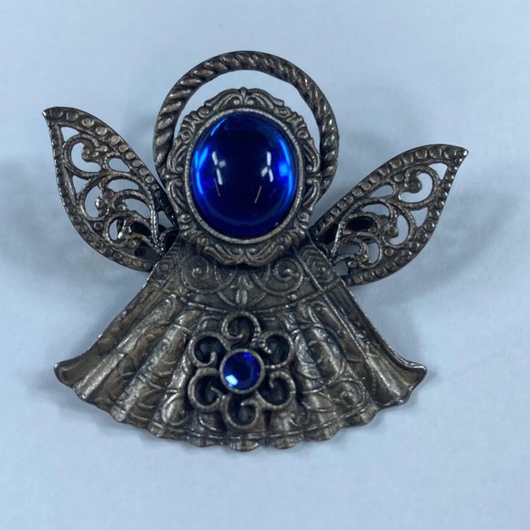 Angel Pin Brooch KC Dark Silver Tone Blue Stones Floral Accent Rhinestone Metal - Picture 2 of 12